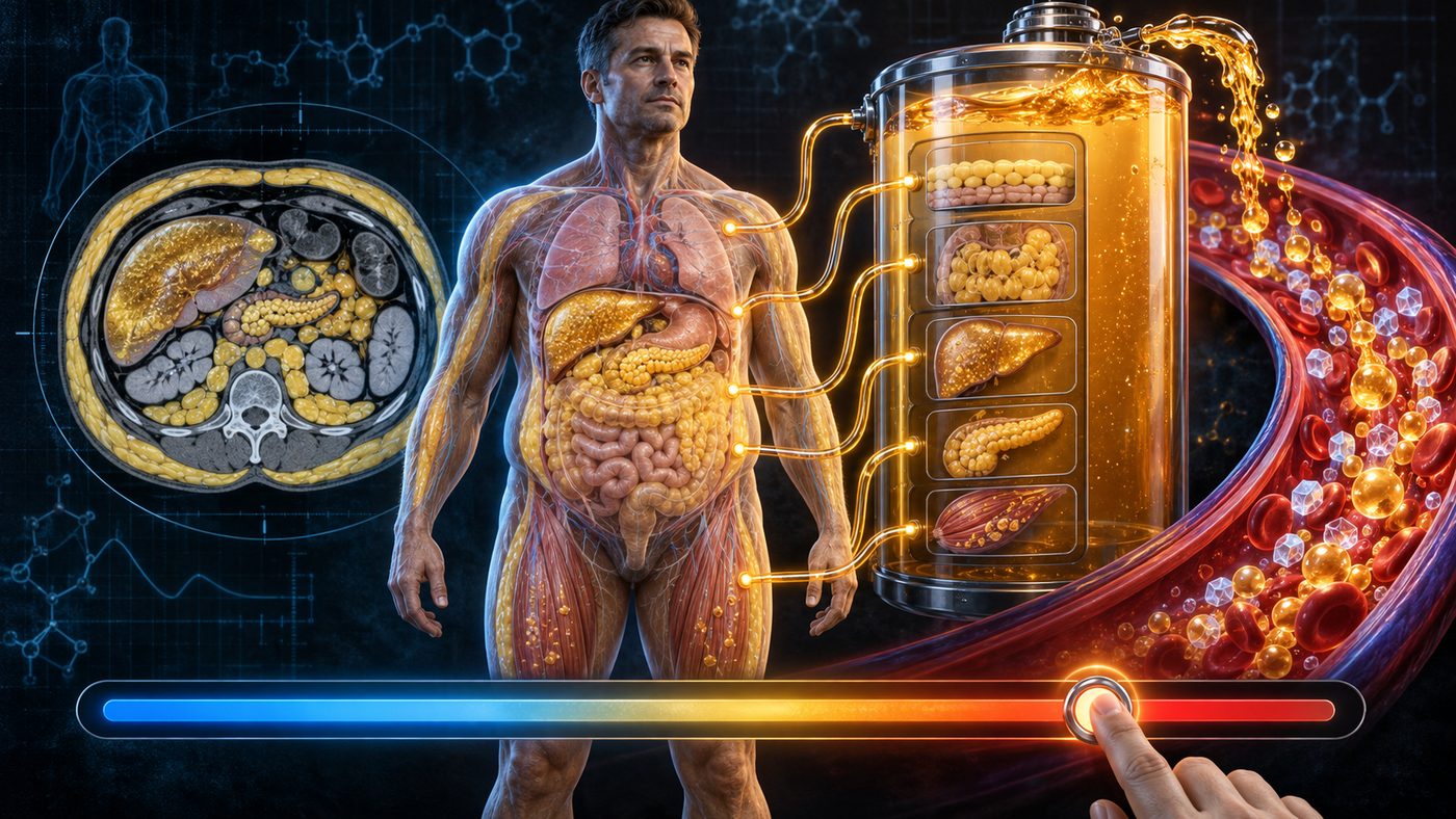 Standing anatomical figure with a CT slice, an overflowing fuel tank of fat stores, and a slider adding fuel — how type 2 diabetes can develop.