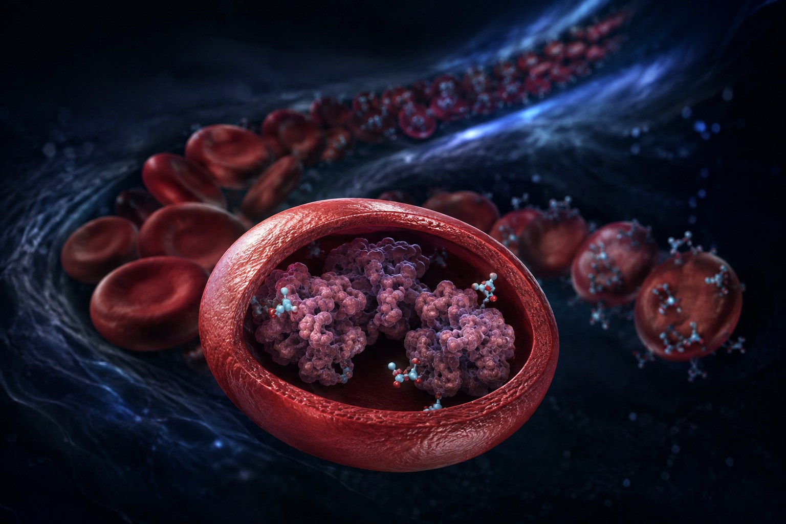 A red blood cell opened to show hemoglobin with sugar attached.