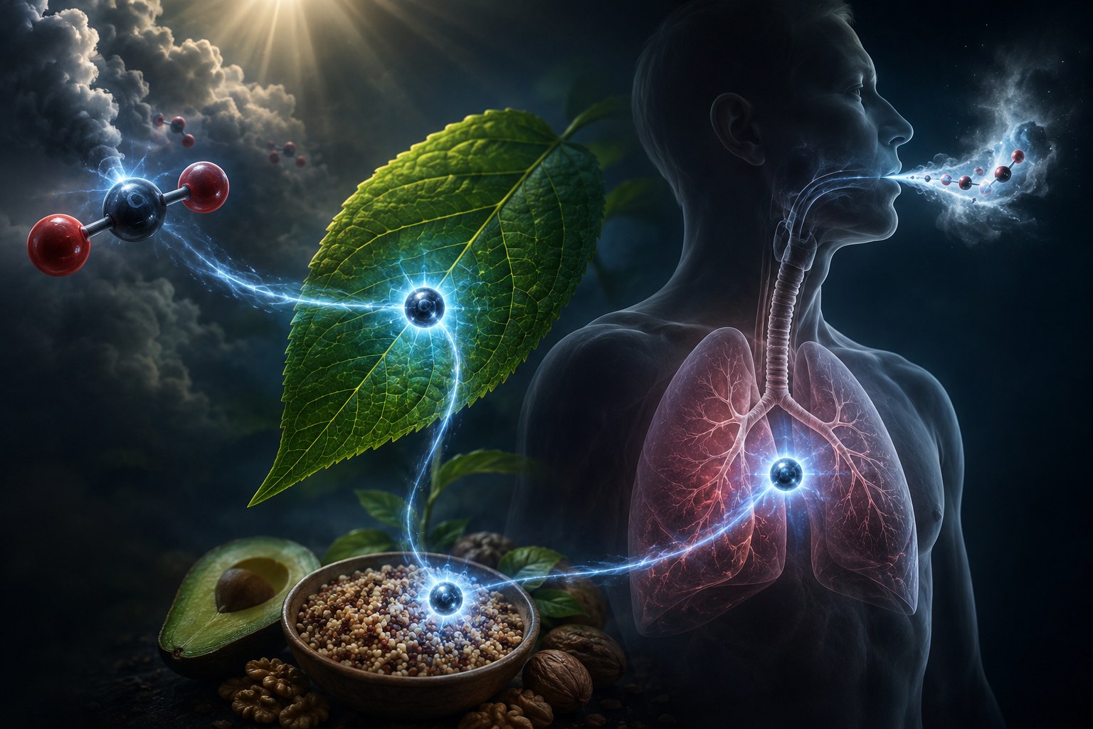 A carbon atom cycling from air to a plant to food to a breath of CO2.