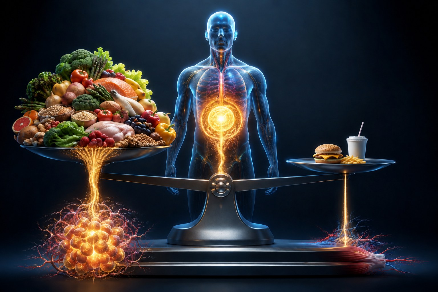 A scale: a pile of whole food versus a burger and fries, with the body in the middle.
