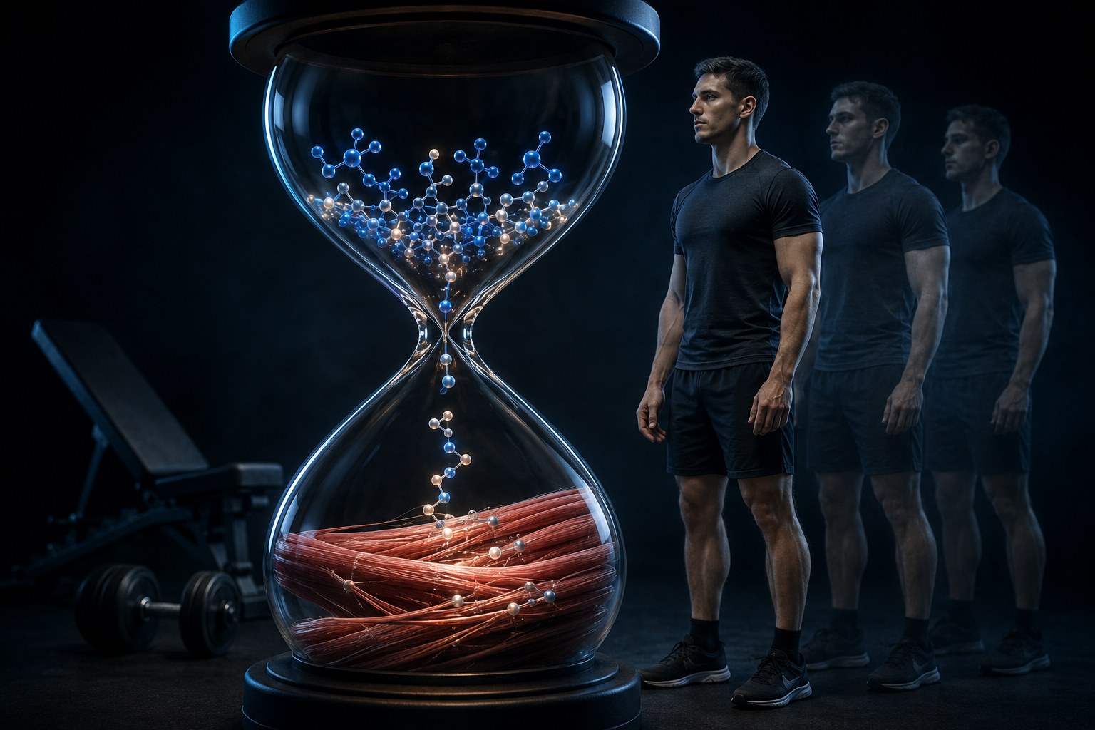 Amino acids falling through an hourglass into muscle fiber — growth takes time.