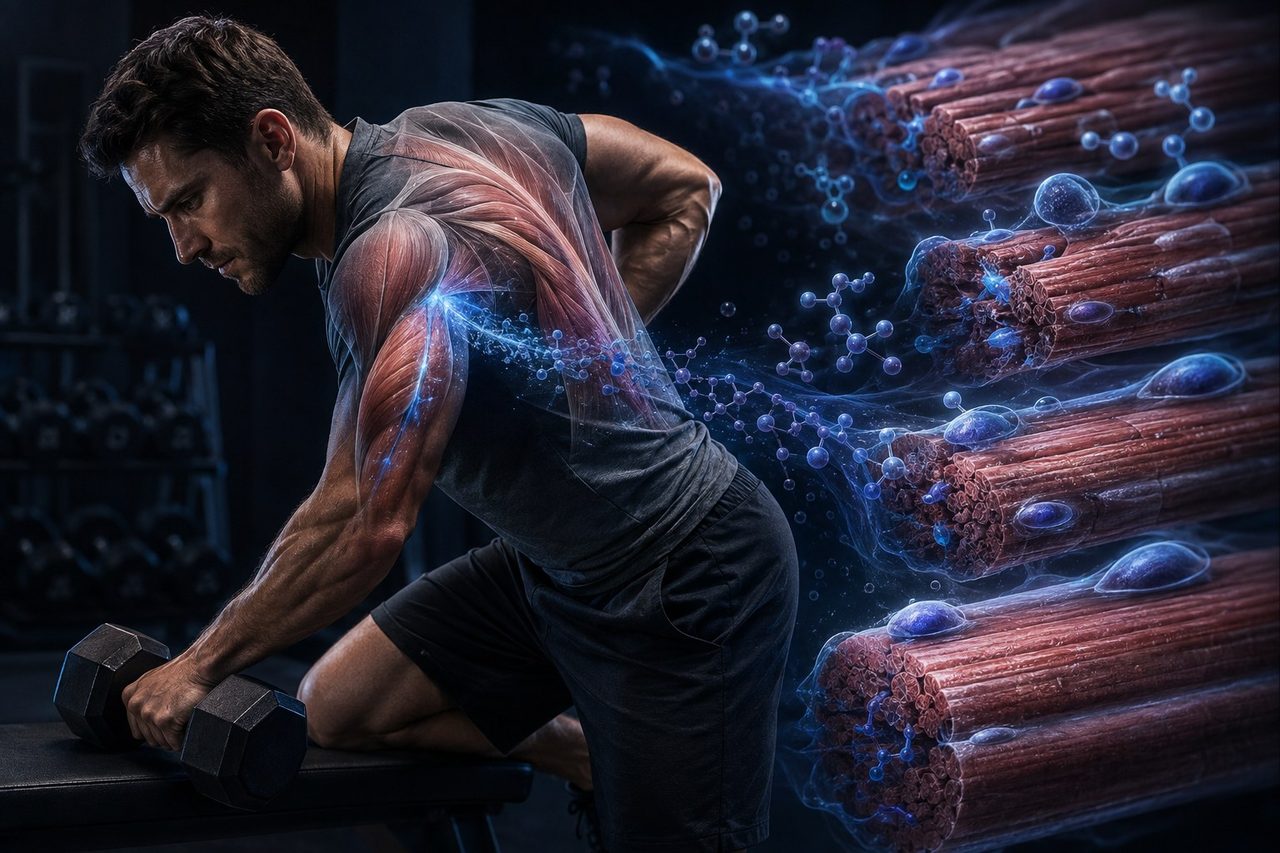 Lifting with muscle fibers under tension — train, then the tissue rebuilds.