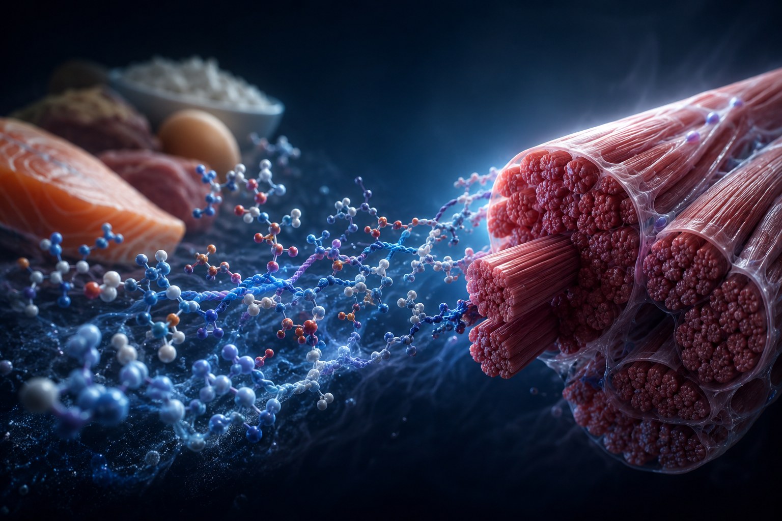Protein foods becoming amino acids, then muscle fibers.