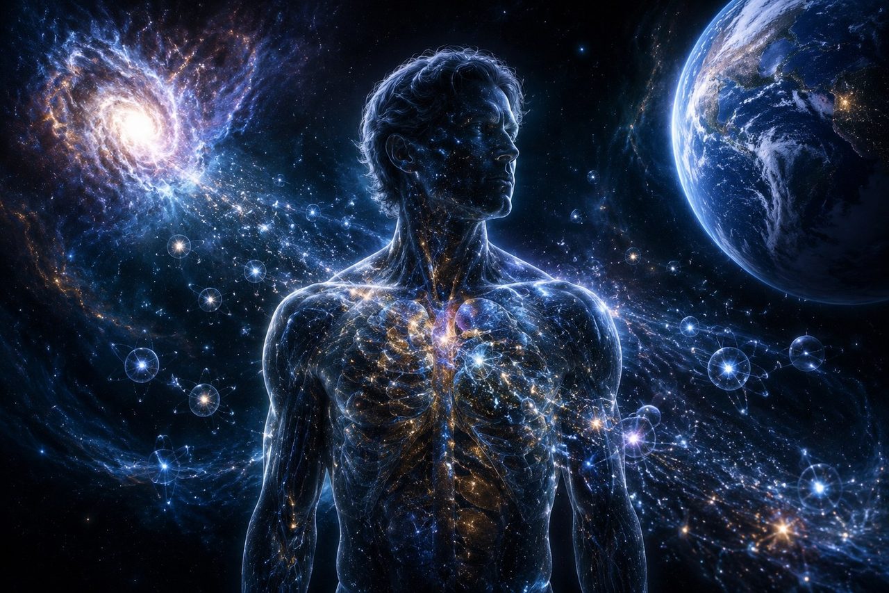 A figure made of stars, with Earth and a galaxy behind them.