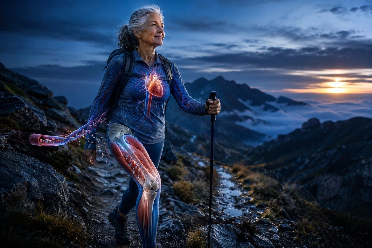 An older hiker with heart, muscle, and bone shown — independence, not just size.